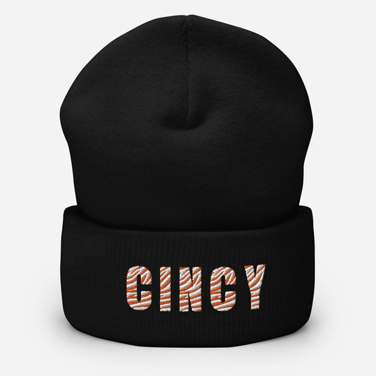 Cincy White Tiger-Striped Cuffed Beanie